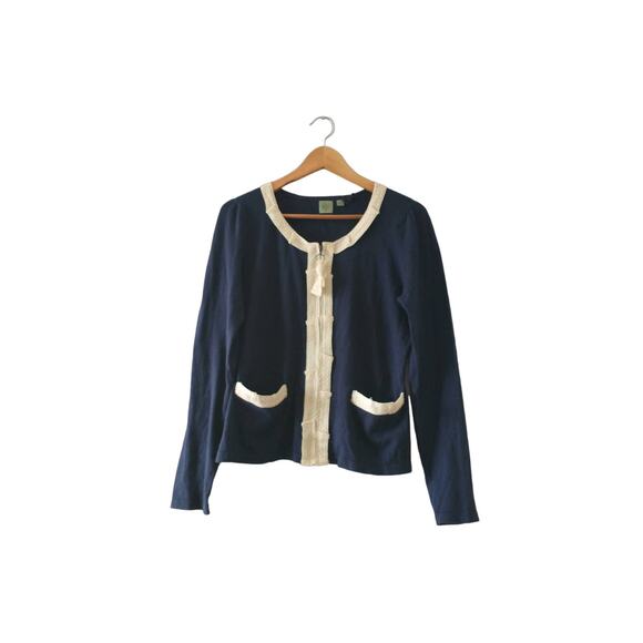 Anthropologie HWR Women's Navy Lace Cardigan Large Preppy Cottage Career - Picture 6 of 11